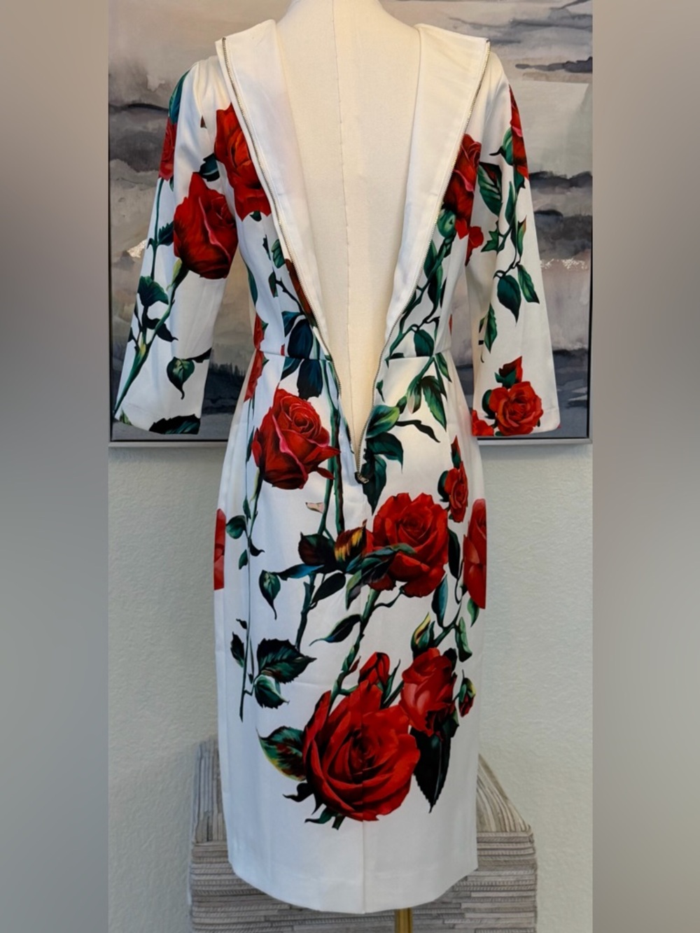 White Sheath Dress Red Rose Print Elegant Floral Midi - Designer Inspired - Picture 7 of 16